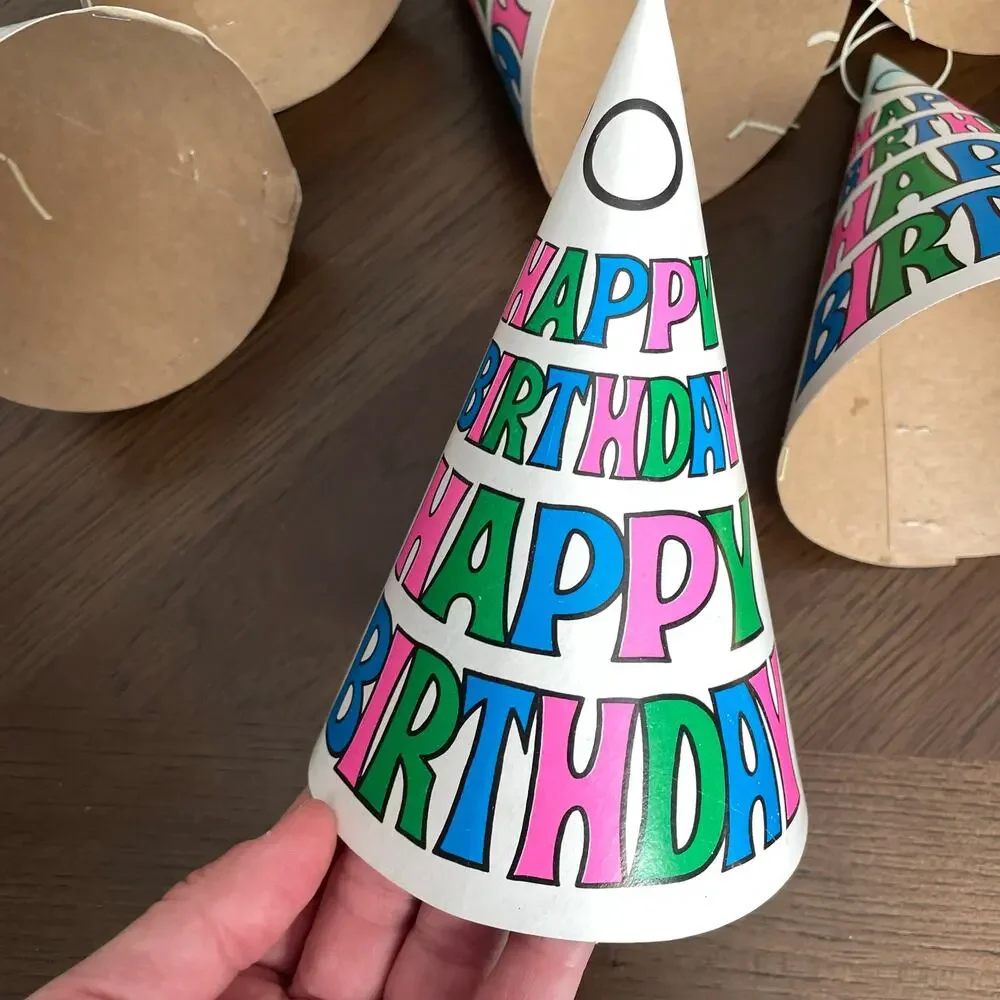 Vintage Birthday Party Hat Lot of 8 Paper 1980's Neon Happy Birthday CRAFT READ!